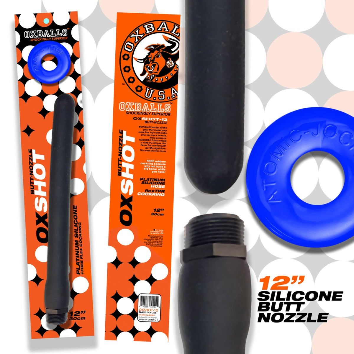 OXBALLS Oxshot Butt-Nozzle Shower Hose 12 Inch and Blue Atomic Jock Cockring