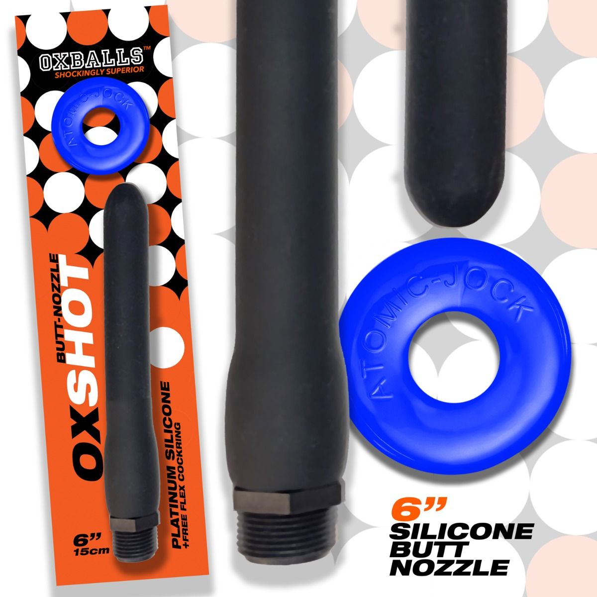 OXBALLS Oxshot Butt-Nozzle Shower Hose 6 Inch and Blue Atomic Jock Cockring