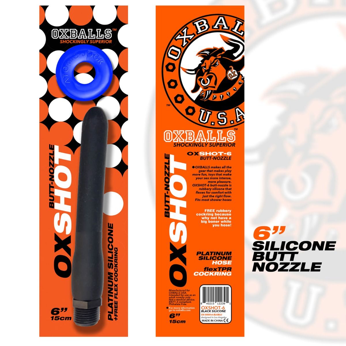 OXBALLS Oxshot Butt-Nozzle Shower Hose 6 Inch and Blue Atomic Jock Cockring